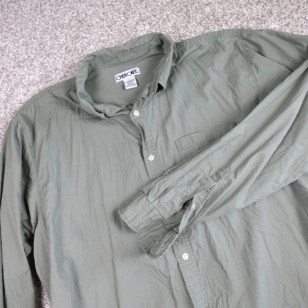 Cherokee Mens Large Olive Green Long Sleeve 100% Cotton Button‎ Down Shirt L